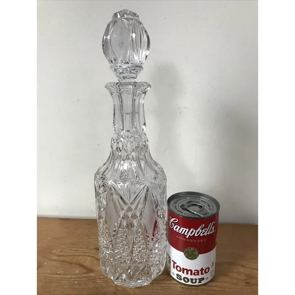 Vintage Bohemian Crystal Quilted Cut Glass Liquor Wine Decanter Bottle w Stopper